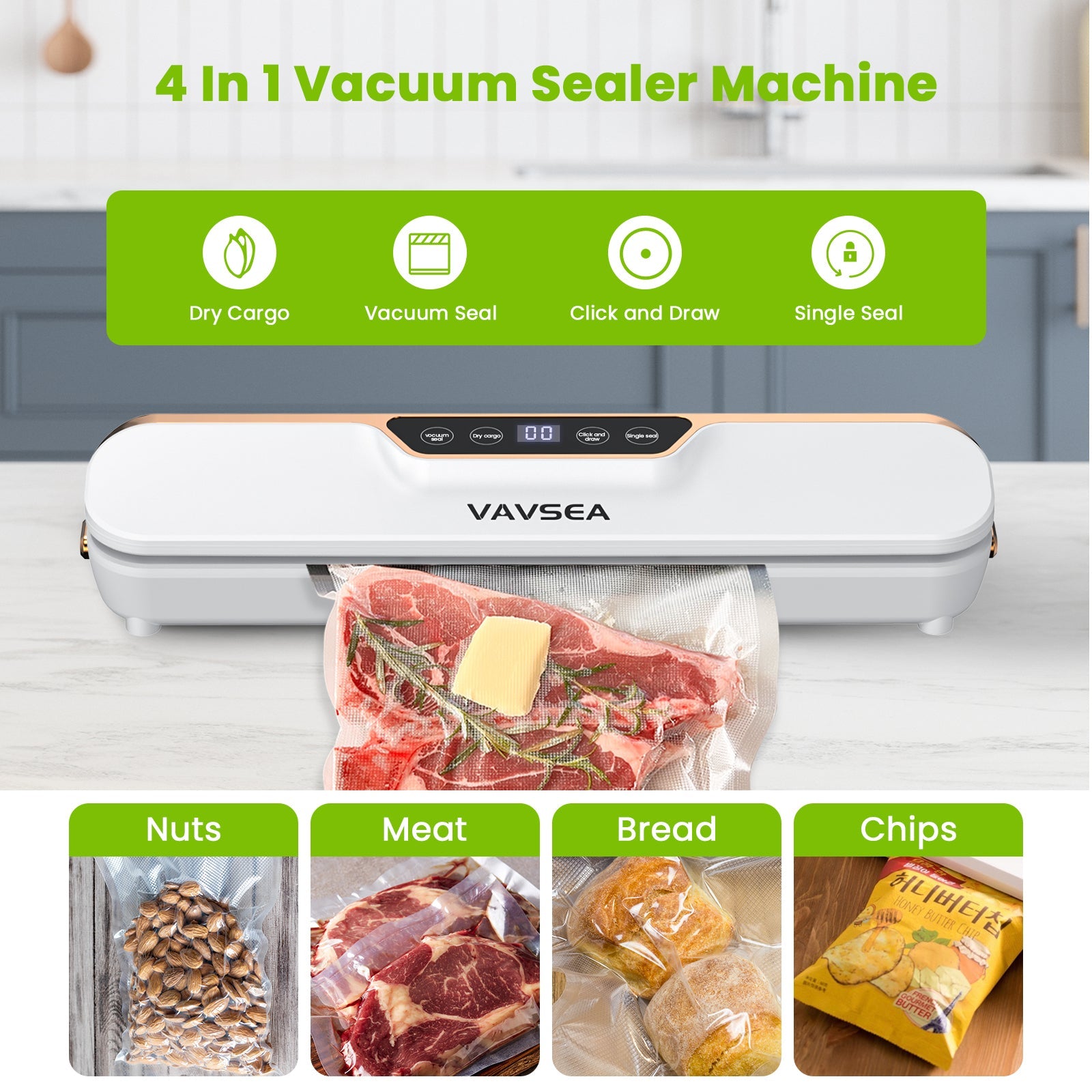 Vacuum Sealer, 62Kpa Food Sealer Machines with 4 Modes, Dry/Draw/Seal/Vac and 10Pcs Bags Starter Kit for Dry & Moist Food Storage Sous Vide