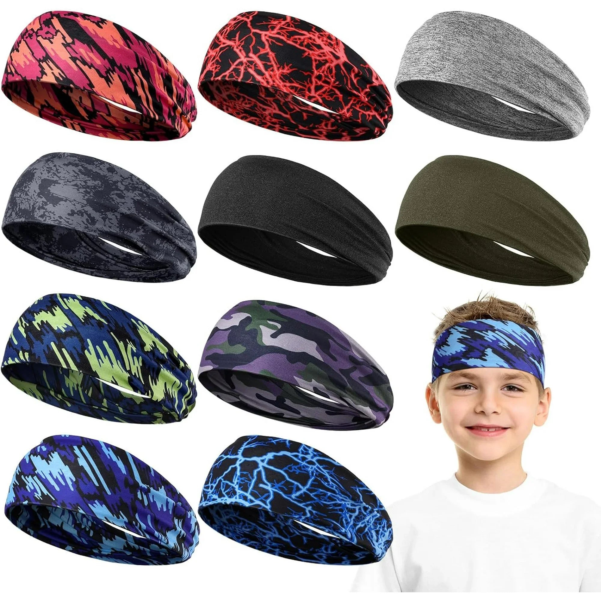 10 Pcs Headbands Athletic Sweatbands,Kids Breathable Headbands , Elastic Sweat Headband for Girls Boys child Football Basketball Running Exercise