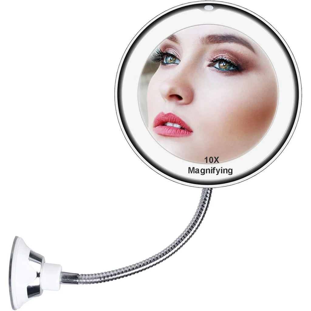 Flexible Gooseneck 10x Magnifying Mirror with Light, Make up Mirror with Lights and Magnification, Portable Vanity Magnified Mirror with Suction Cups for Wall Bathroom (6.7inch)