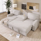 Churanty Sectional Sleeper Sofa with Pull Out Bed, L-Shape Sectional Corner Couch with Storage Chaise, Upholstered Sectional Sofa with Cup Holders for Living Room, Beige