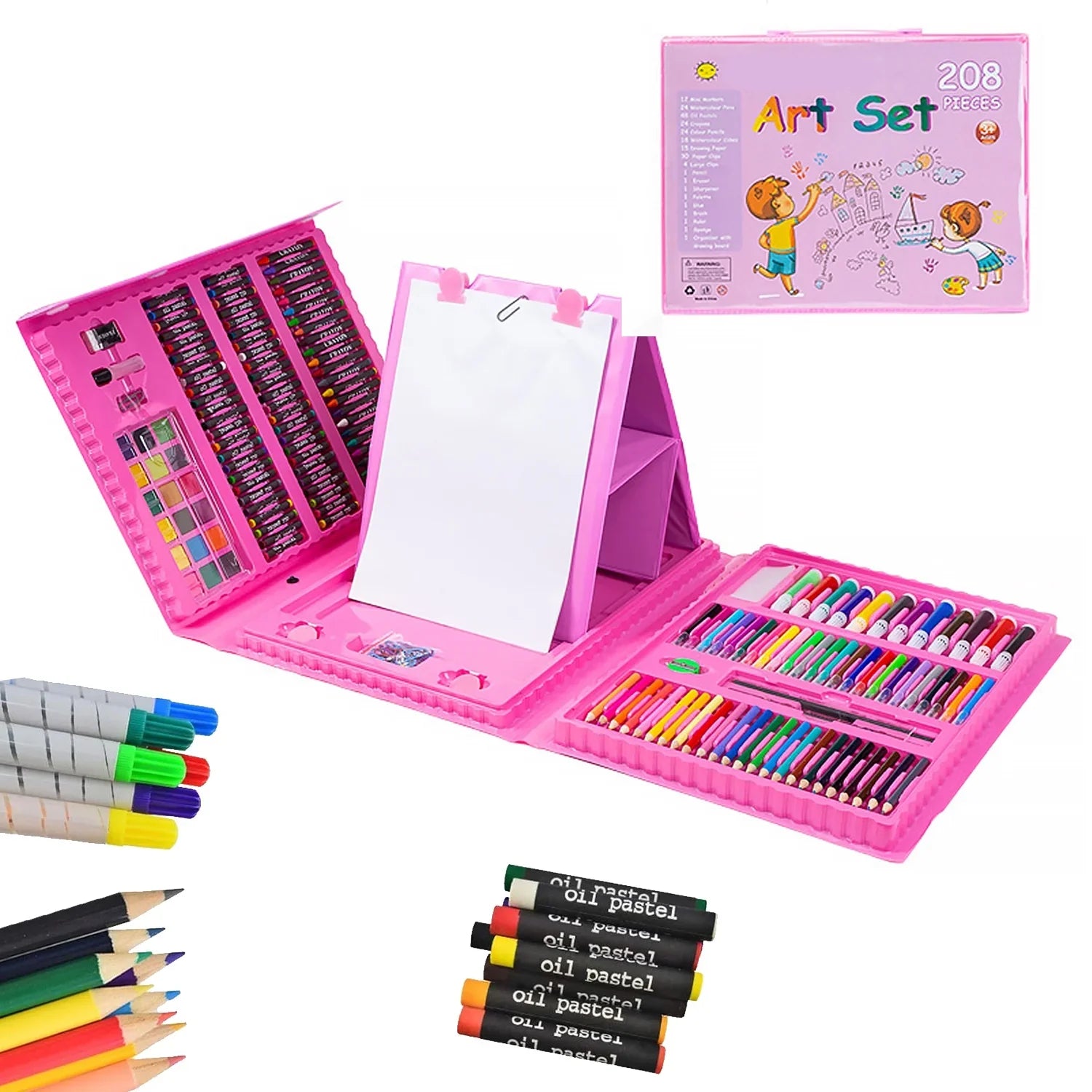 208 PCS Art Supplies, Drawing Art Kit for Kids Adults Art Set with Double Sided Trifold Easel, Oil Pastels, Crayons, Colored Pencils, Watercolor Pens Gift for Girls Boys Artist, Pink