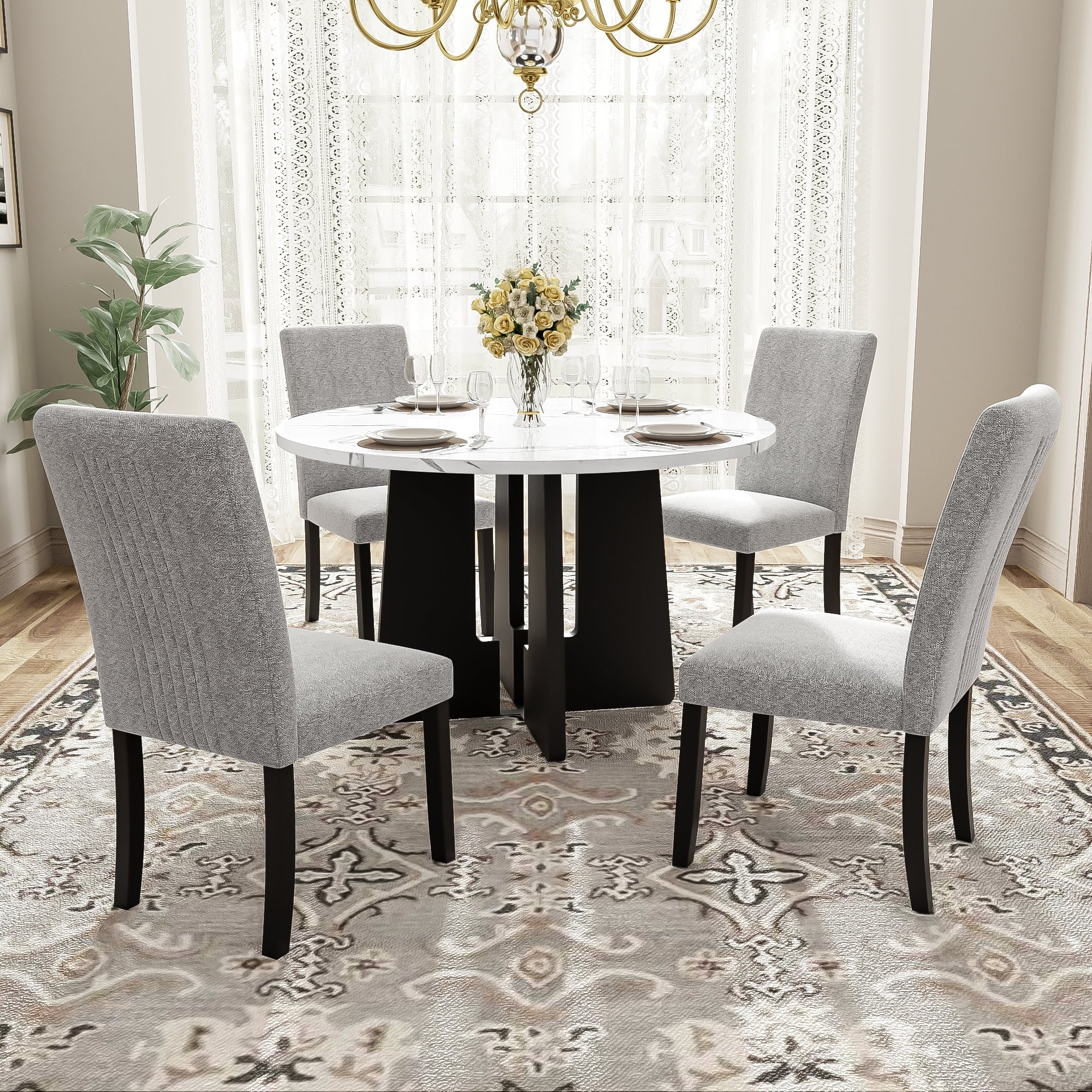 Churanty 5 Piece Round Dining Table Set for 4, Modern Marble Dining Table and 4 High Back Upholstered Chairs for Dining Room Kitchen, White + Gray