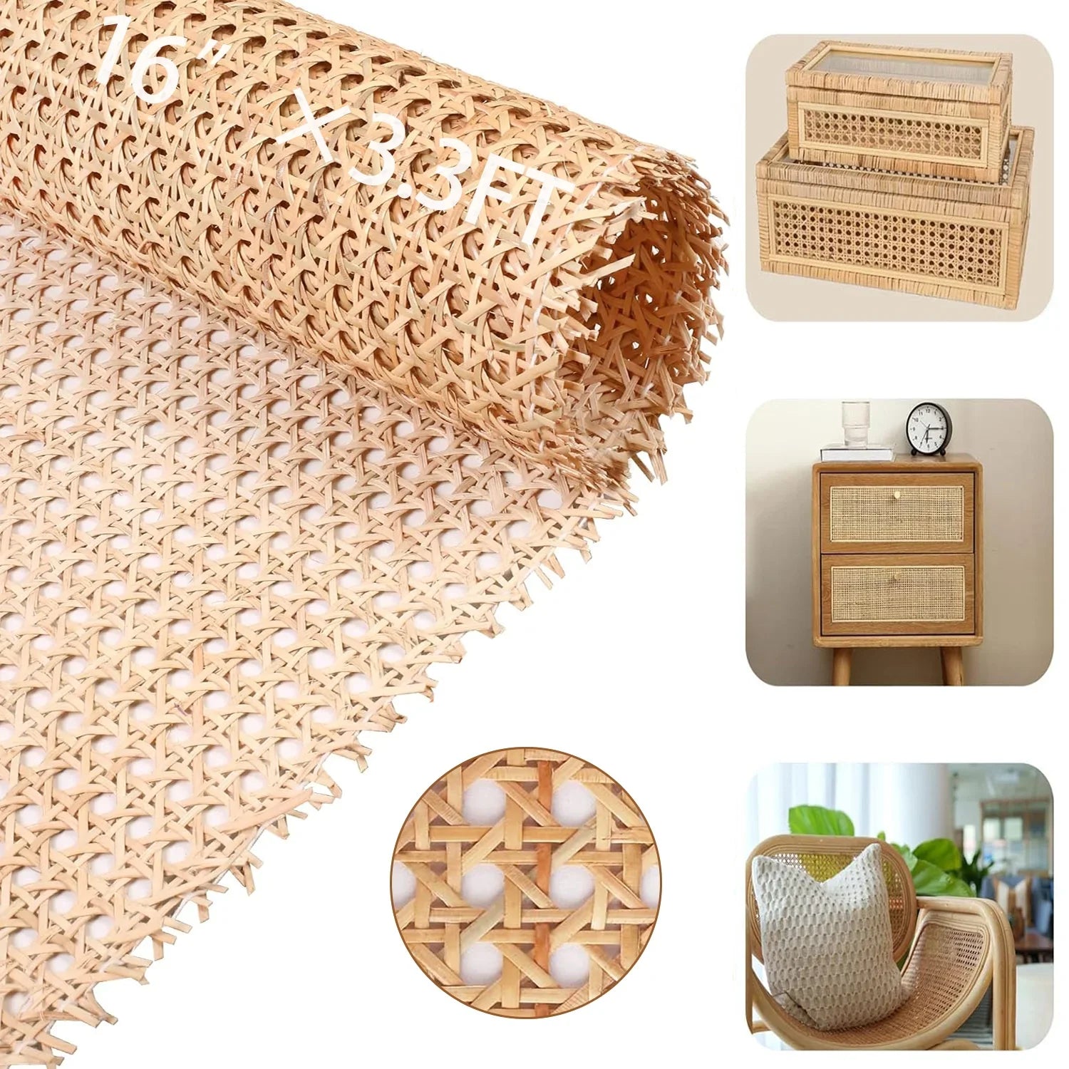 16 Width Cane Webbing Roll 3.3ft,Versatile Rattan Material for DIY Projects and Furniture Upgrades, Ideal for Repairing and Updating Chairs & Cabinets