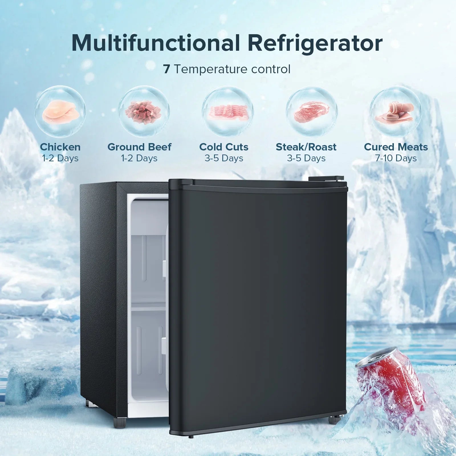 1.6 Cu ft Compact Single Door Refrigerator - Energy Efficient, Reversible Door, Perfect for Home, Office, or Dorm, Black