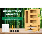 Foil and Plastic Wrap Organizer for Ziplock, 6 in 1 Bamboo Wrap Dispenser Compatible with 12" Parchment Paper Roll Cutter for Gallon, Quart, Sandwich Bags, Roll etc