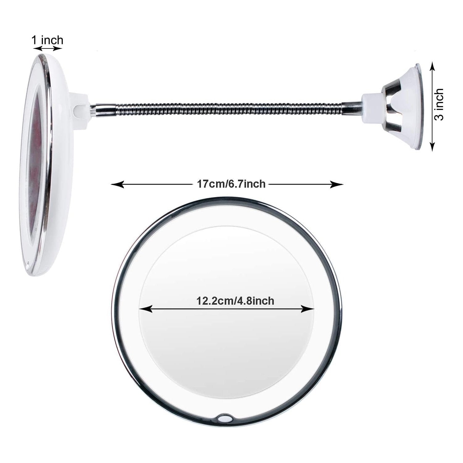 Flexible Gooseneck 10x Magnifying Mirror with Light, Make up Mirror with Lights and Magnification, Portable Vanity Magnified Mirror with Suction Cups for Wall Bathroom (6.7inch)