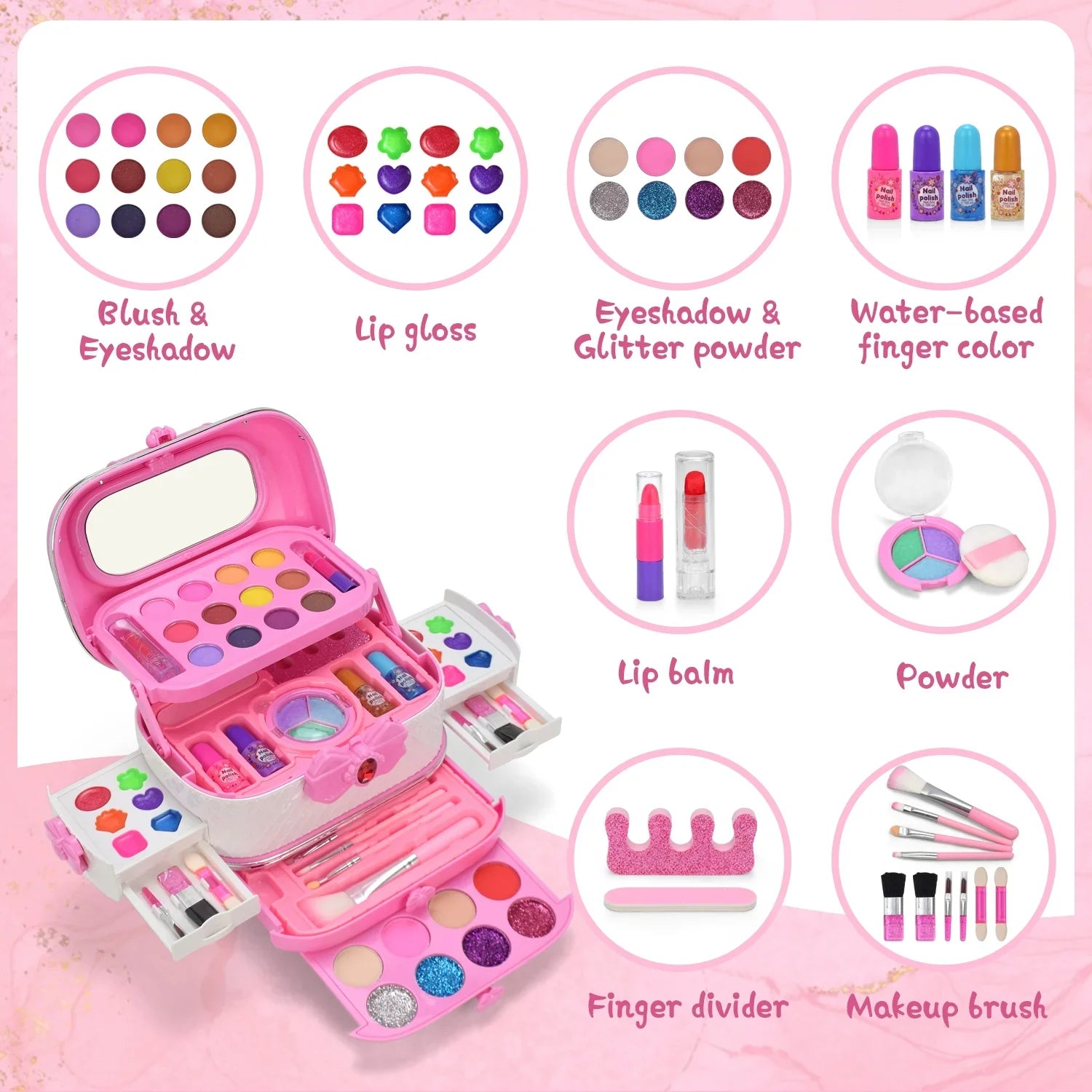 Kids Makeup Kit for Girl, Little Girls Makeup for Kids 4-6, 8-12, Washable, Non-toxic, Portable Children Toddler Play Make Up Set for3 4 5 6 7 8 9 Year Old Girl Birthday Gifts