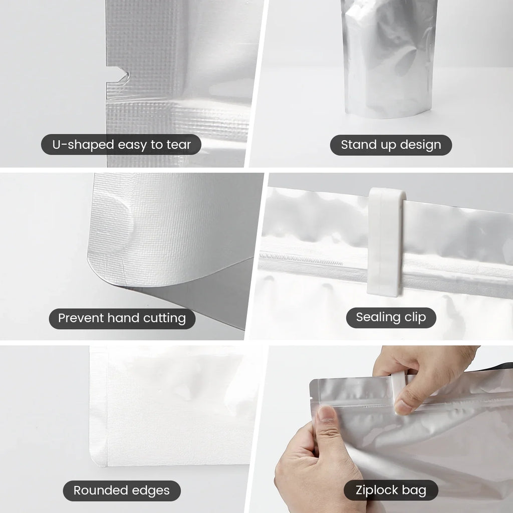 150Pcs Mylar Bags, 4 Size Smell Proof Bags with 150x300cc Oxygen Absorbers, 180 Labels for Small Business and Food Storage (50 Bags 4.3"x6.3", 40 Bags 6"x9", 35 Bags 7.5"x11.5", 25 Bags 10"x14")