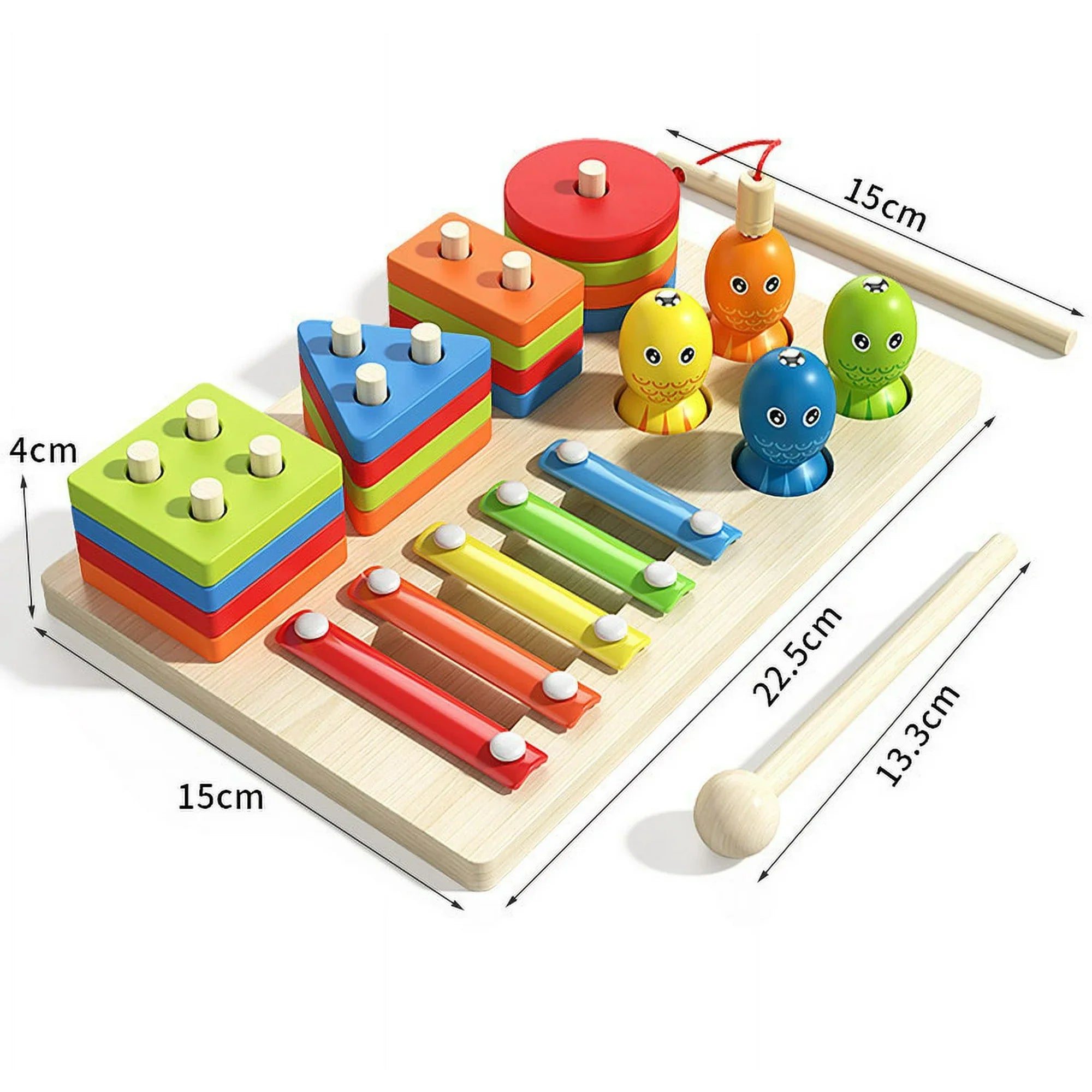 3 in1 Montessori Toys for 1 to 3-Year-Old Boys Girls Toddlers and Preschool, Wooden Fishing Sorting & Stacking Educational Toys, Color Recognition Stacker Shape Sorter, Learning Puzzles Gift