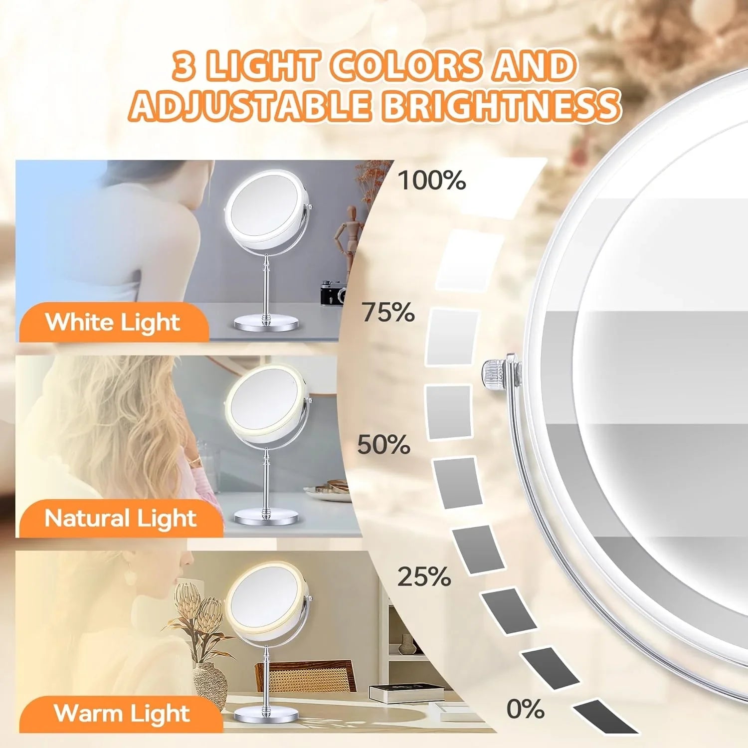 Lighted Makeup Mirror with 10X Magnifying, Rechargeable Double Side 3 Color Lighting, Dimmable Vanity Mirror with Touch Control 360¡ã Rotation Makeup Mirror for Desk for Woman, Silver