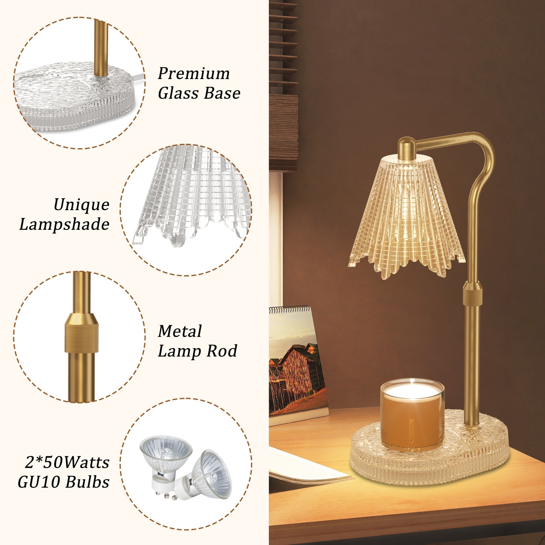 Candle Warmer Lamp with Crystal Base, Wax Warmers with 2 Bulbs Timer and Dimmer, Adjustable Height for All Jar Candles, Home Decor, Gifts for Housewarming