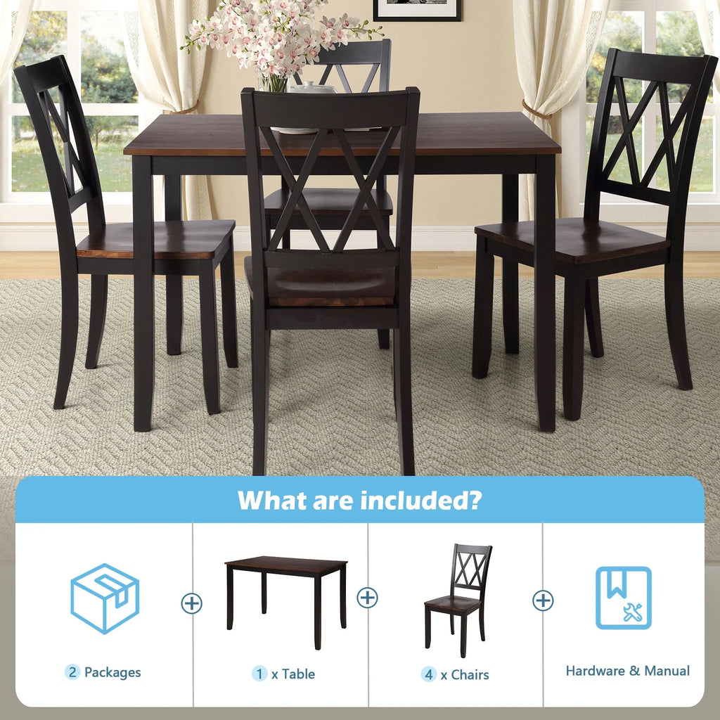 Churanty Farmhouse Wood 5 Pieces Dining Table Set for 4,Rectangle Kitchen Table Set with 4 Chairs,Black+Cherry