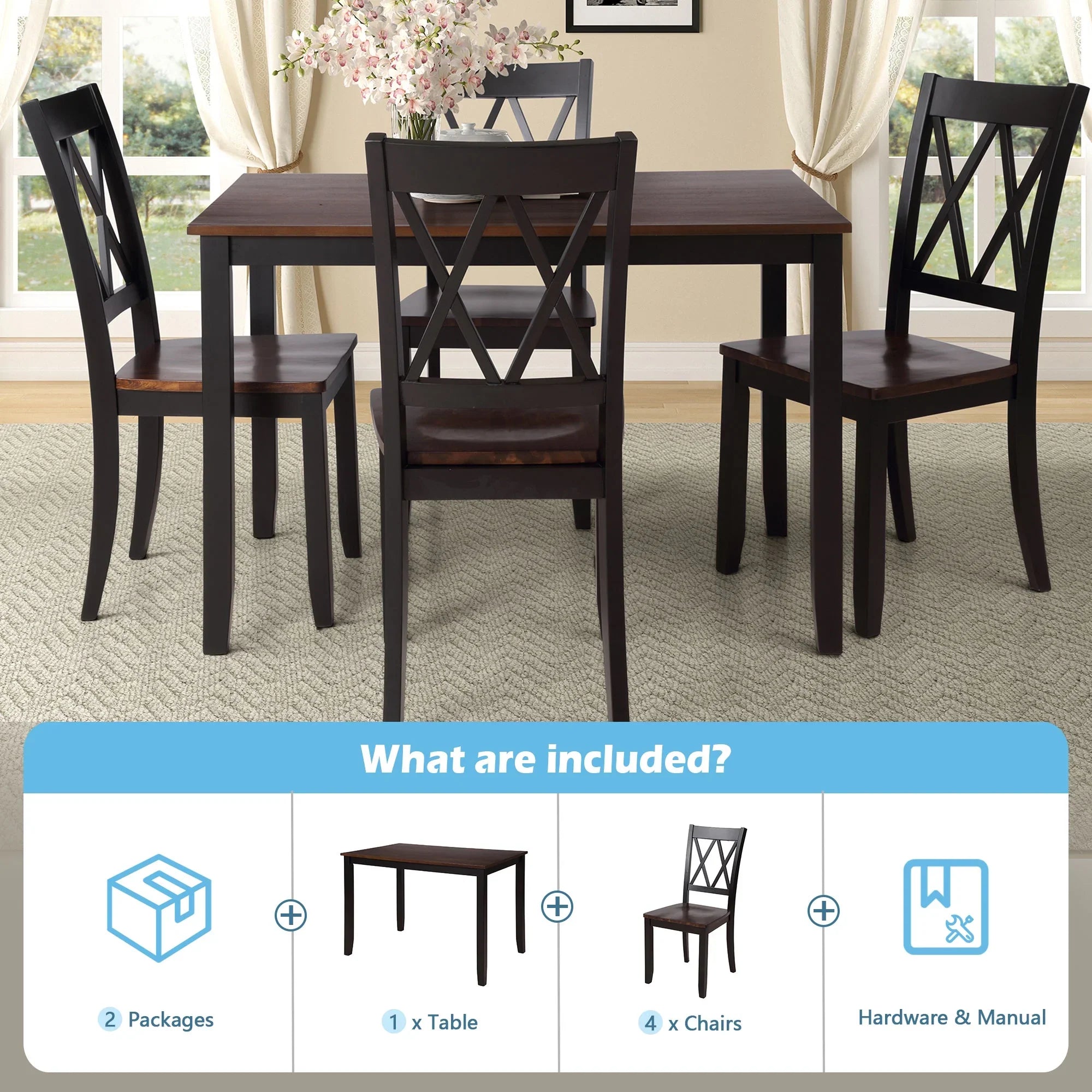 Churanty Farmhouse Wood 5 Pieces Dining Table Set for 4,Rectangle Kitchen Table Set with 4 Chairs,Black+Cherry