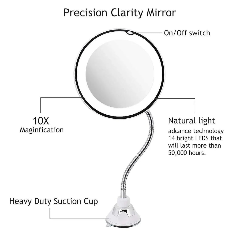 Flexible Gooseneck 10x Magnifying Mirror with Light, Make up Mirror with Lights and Magnification, Portable Vanity Magnified Mirror with Suction Cups for Wall Bathroom (6.7inch)