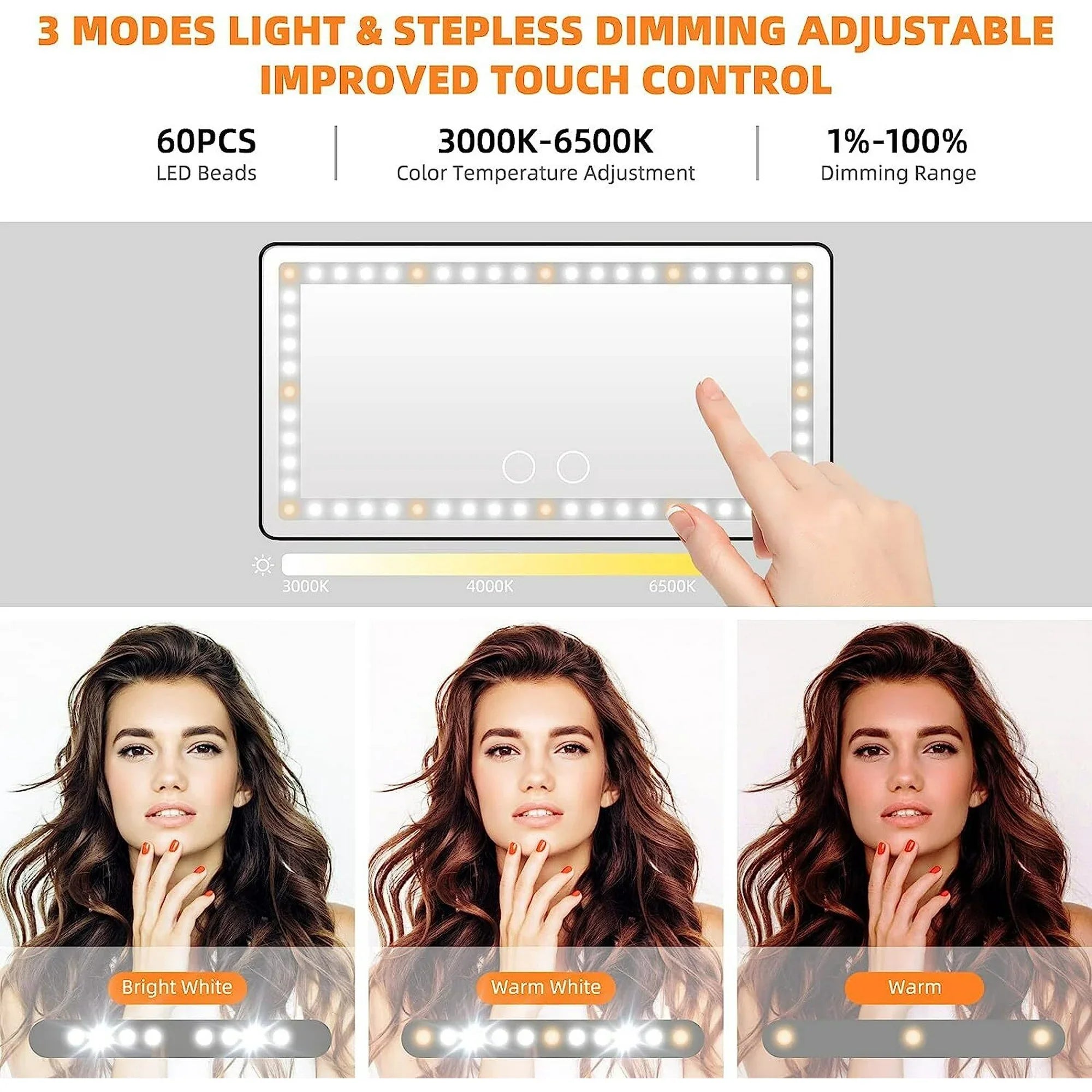 Car Sun Visor Vanity Mirror Rechargeable, Car Makeup Mirror with 60 LED Lights, 3 Color Lighting Modes, USB Rechargeable Led Light Car Mirror with Dimmable Touch Screen (Black)