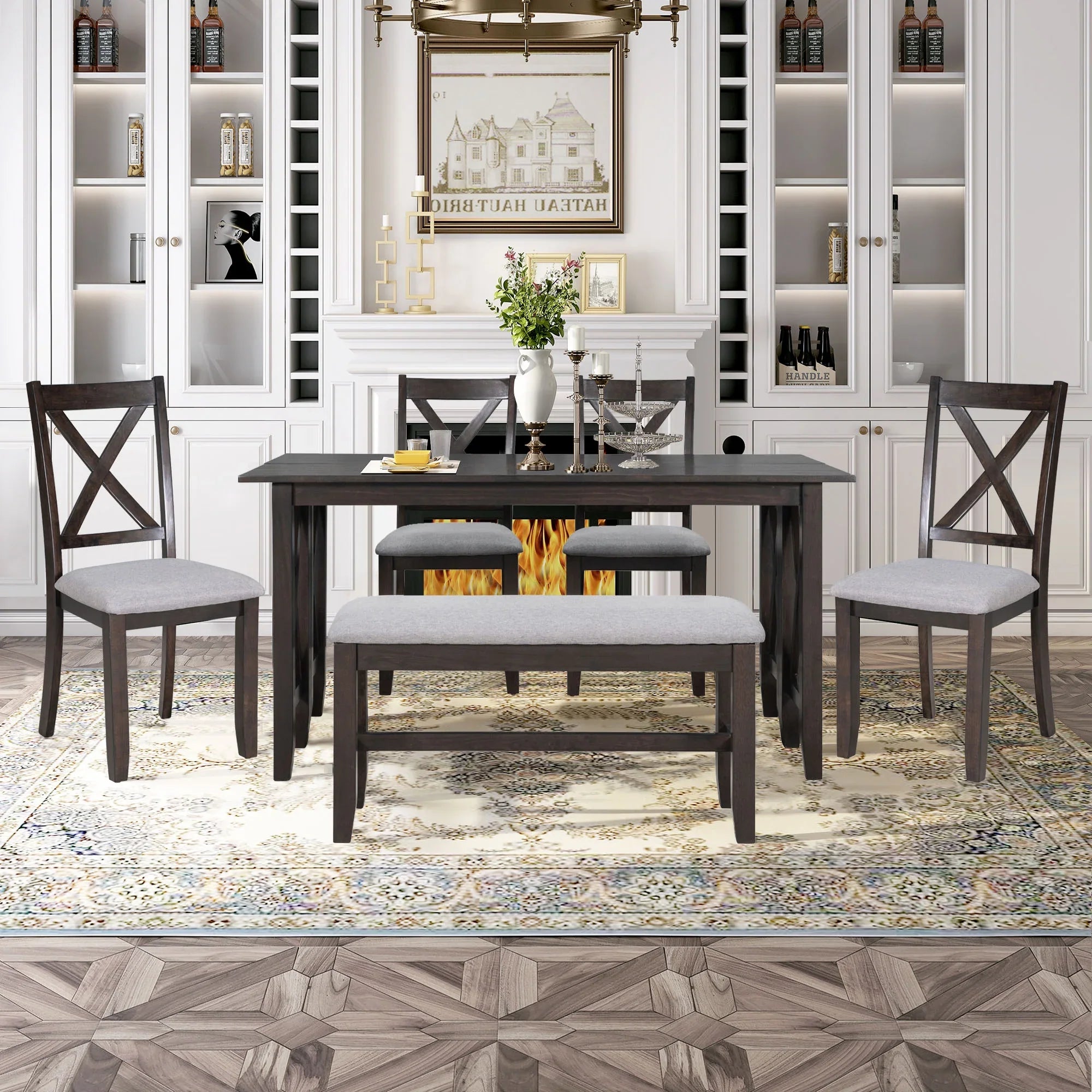 Churanty Farmhouse Dining Table Set for 6, Kitchen Foldable Dining Table with 4 Upholstered Chairs and Bench, Espresso