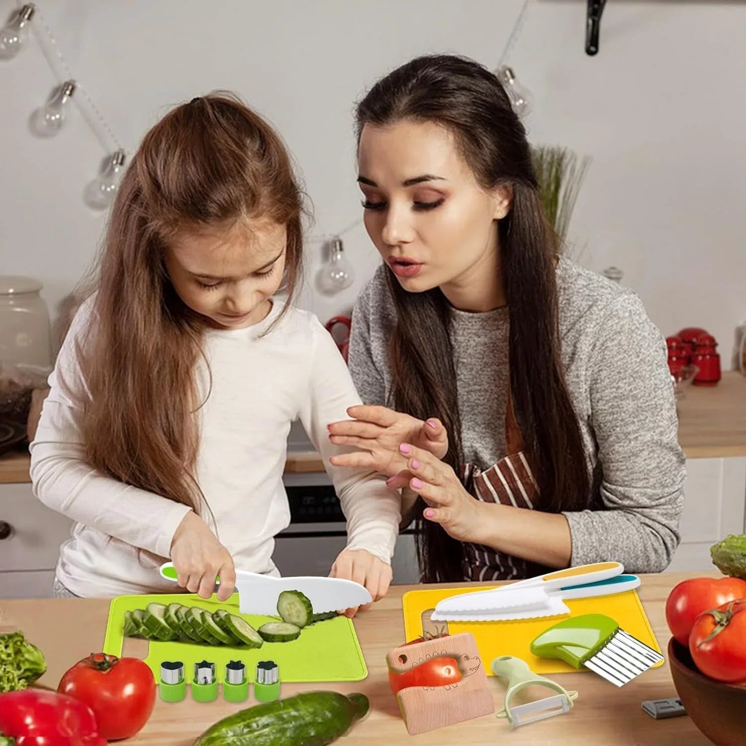 Kid Knife Set for Real Cooking, 13 Pieces Montessori Kitchen Tools, Toddler Safe Knives Set, Kids Cooking Set Real with Plastic Wooden Knives, Cutting Boards, Sandwich Cutters