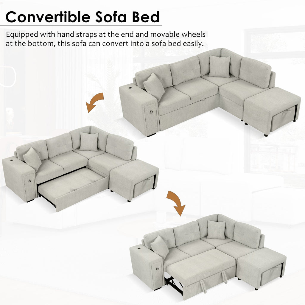 Churanty Sectional Sleeper Sofa with Pull Out Bed, L-Shape Sectional Corner Couch with Movable Ottoman, Chenille Sectional Sofa with USB Ports and Cup Holders for Living Room, Grey