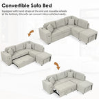 Churanty Sectional Sleeper Sofa with Pull Out Bed, L-Shape Sectional Corner Couch with Movable Ottoman, Chenille Sectional Sofa with USB Ports and Cup Holders for Living Room, Grey