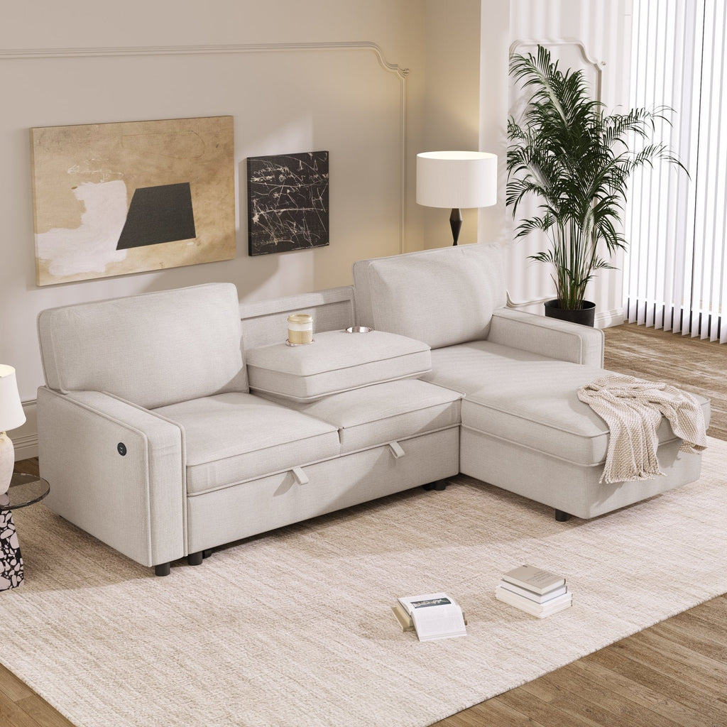 Churanty Sectional Sleeper Sofa with Pull Out Bed, L-Shape Sectional Corner Couch with Storage Chaise, Upholstered Sectional Sofa with Cup Holders for Living Room, Beige