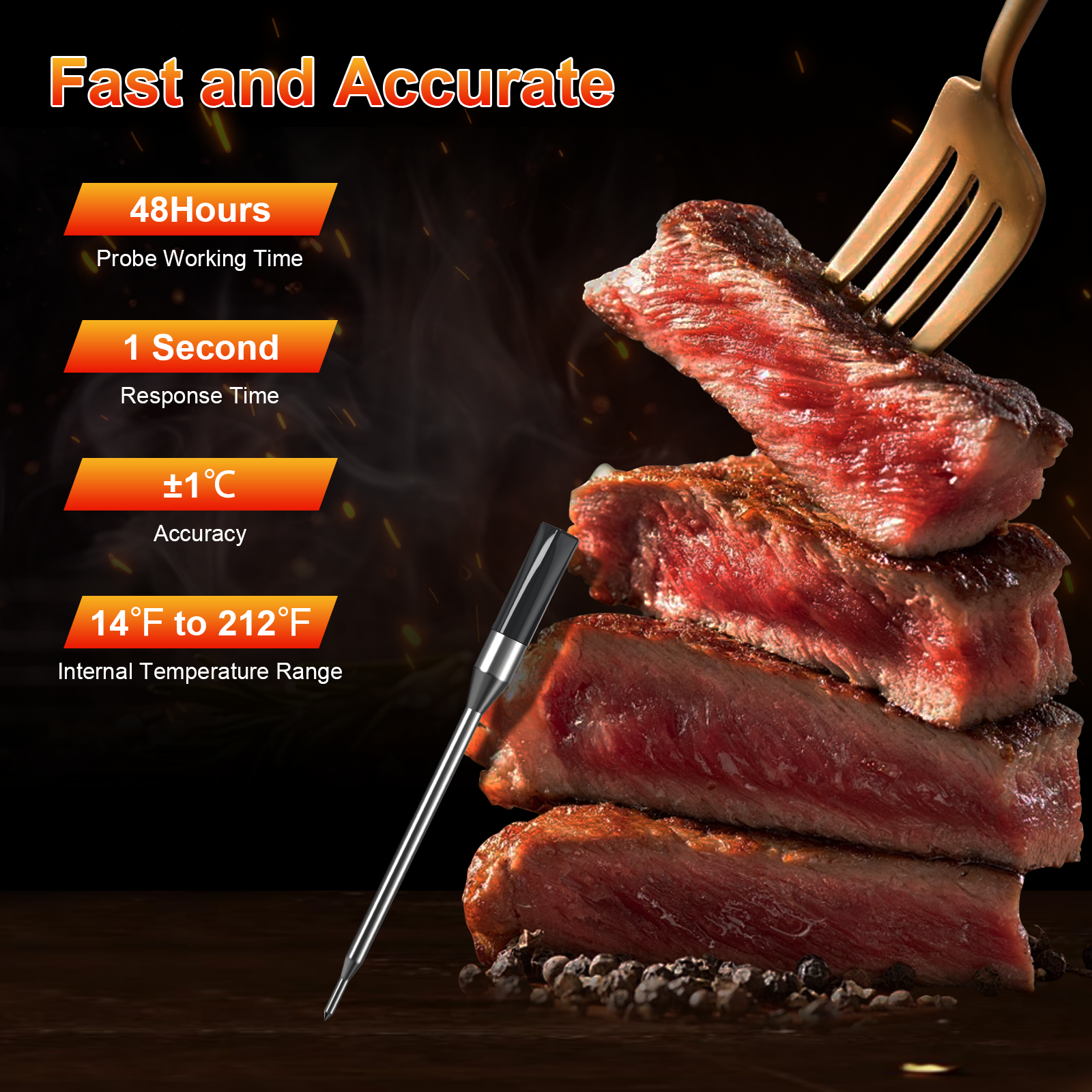 Long Range Wireless Meat Thermometer, Bluetooth Meat Thermometer for Turkey Beef Lamb, Smart Meat Thermometer for BBQ, Oven, Grill, Kitchen, Smoker, Rotisserie