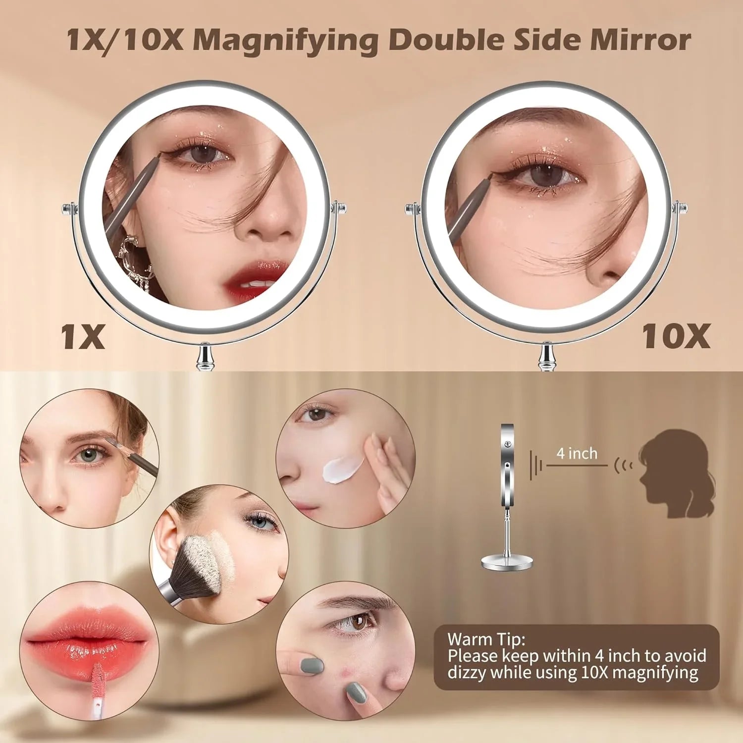Lighted Makeup Mirror with 10X Magnifying, Rechargeable Double Side 3 Color Lighting, Dimmable Vanity Mirror with Touch Control 360¡ã Rotation Makeup Mirror for Desk for Woman, Silver
