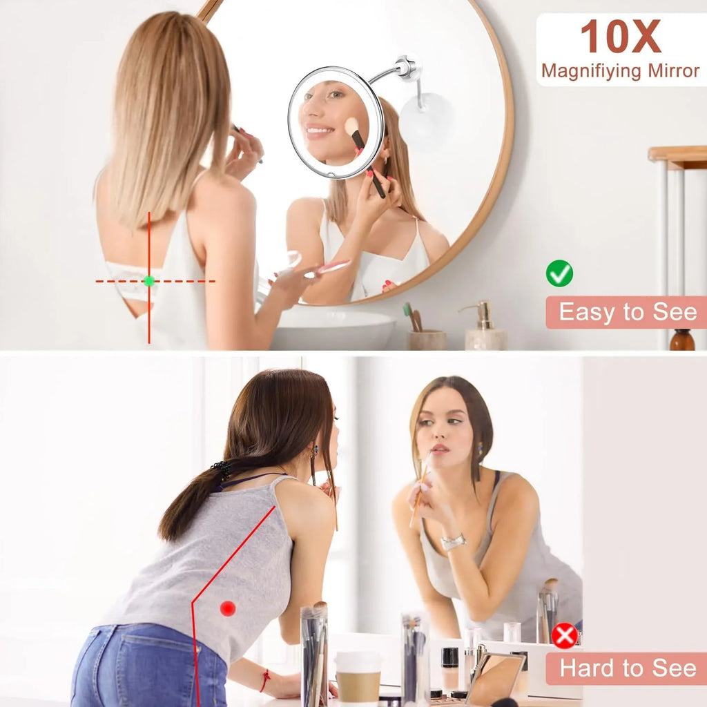Flexible Gooseneck 10x Magnifying Mirror with Light, Make up Mirror with Lights and Magnification, Portable Vanity Magnified Mirror with Suction Cups for Wall Bathroom (6.7inch)