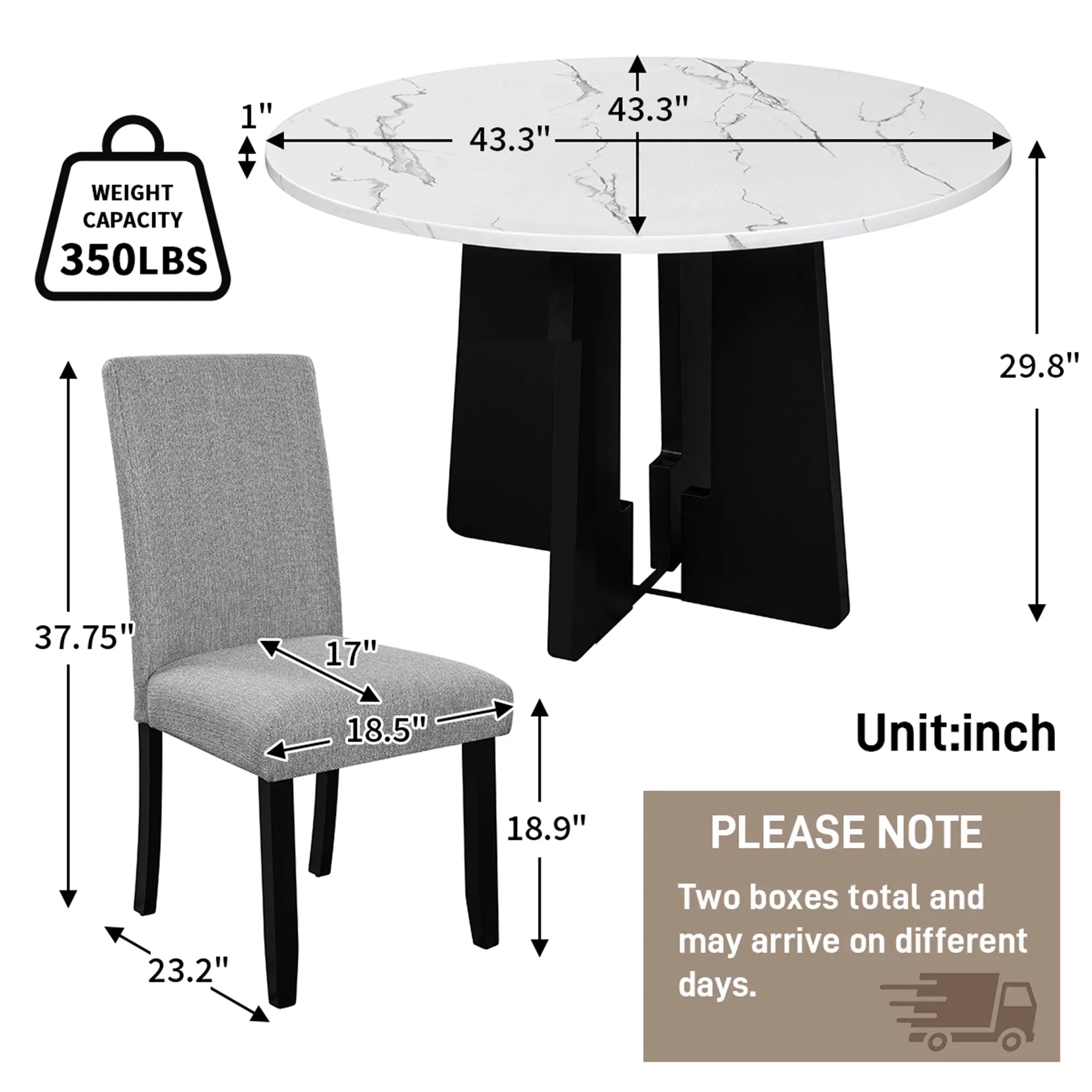 Churanty 5 Piece Round Dining Table Set for 4, Modern Marble Dining Table and 4 High Back Upholstered Chairs for Dining Room Kitchen, White + Gray