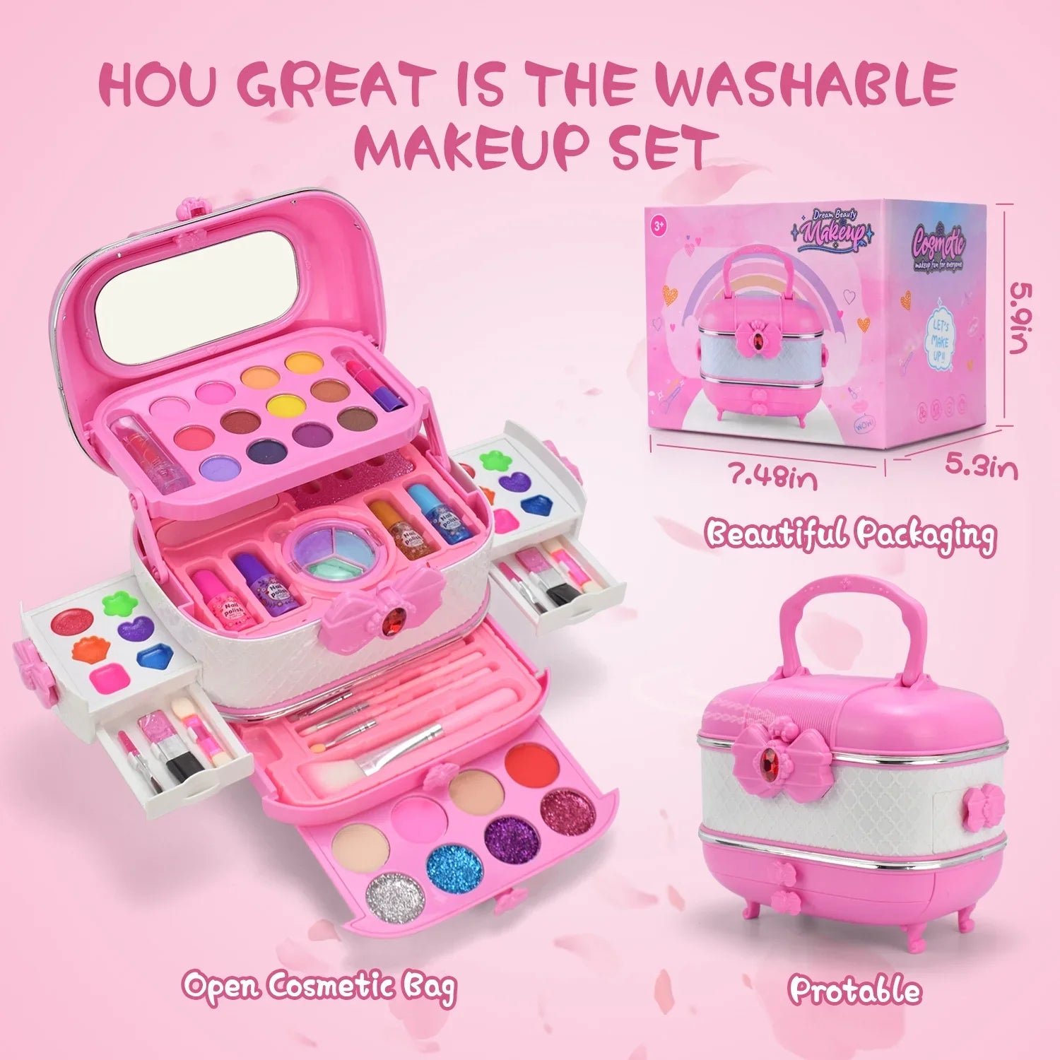 Kids Makeup Kit for Girl, Little Girls Makeup for Kids 4-6, 8-12, Washable, Non-toxic, Portable Children Toddler Play Make Up Set for3 4 5 6 7 8 9 Year Old Girl Birthday Gifts