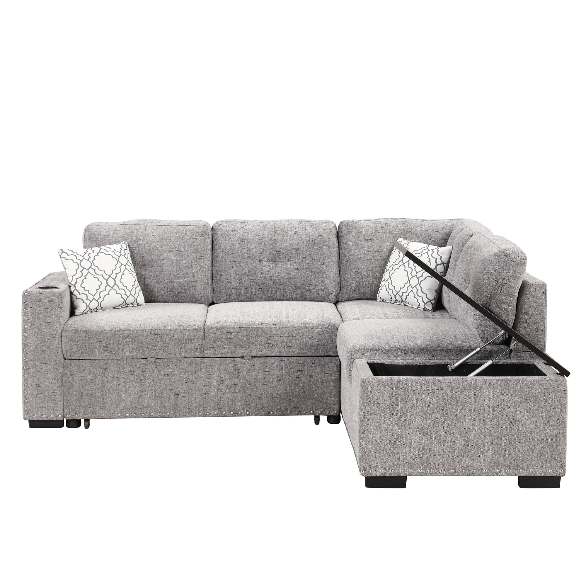 Churanty Pull Out Sofa Bed with Storage Chaise,Reversible Sectional Sofa,L-Shaped Corner Sofa with USB Ports,Power Sockets and Cup Holder,Light Gray