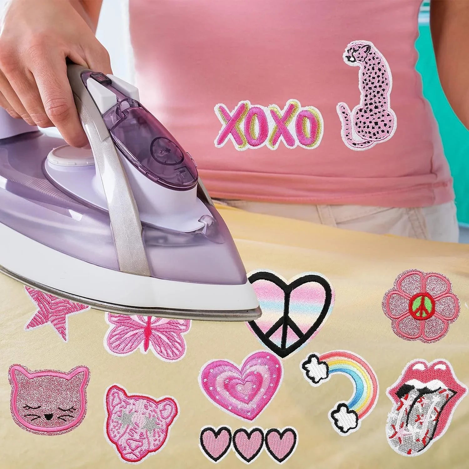 18Pcs Preppy Patches Pink Iron on Patches Cute Love Repair Decorative Patch for Clothing Design Backpack Jackets Hats Jeans Shirt DIY Craft Decorations