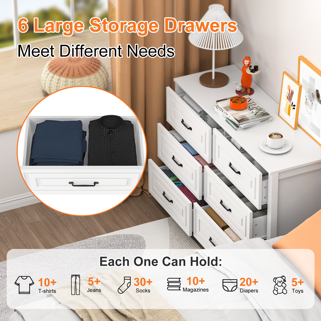 White Dresser for Bedroom with 6 Drawers,Modern Chest of Drawers Wide Wooden Double Dresser for Closet Living Room Entryway