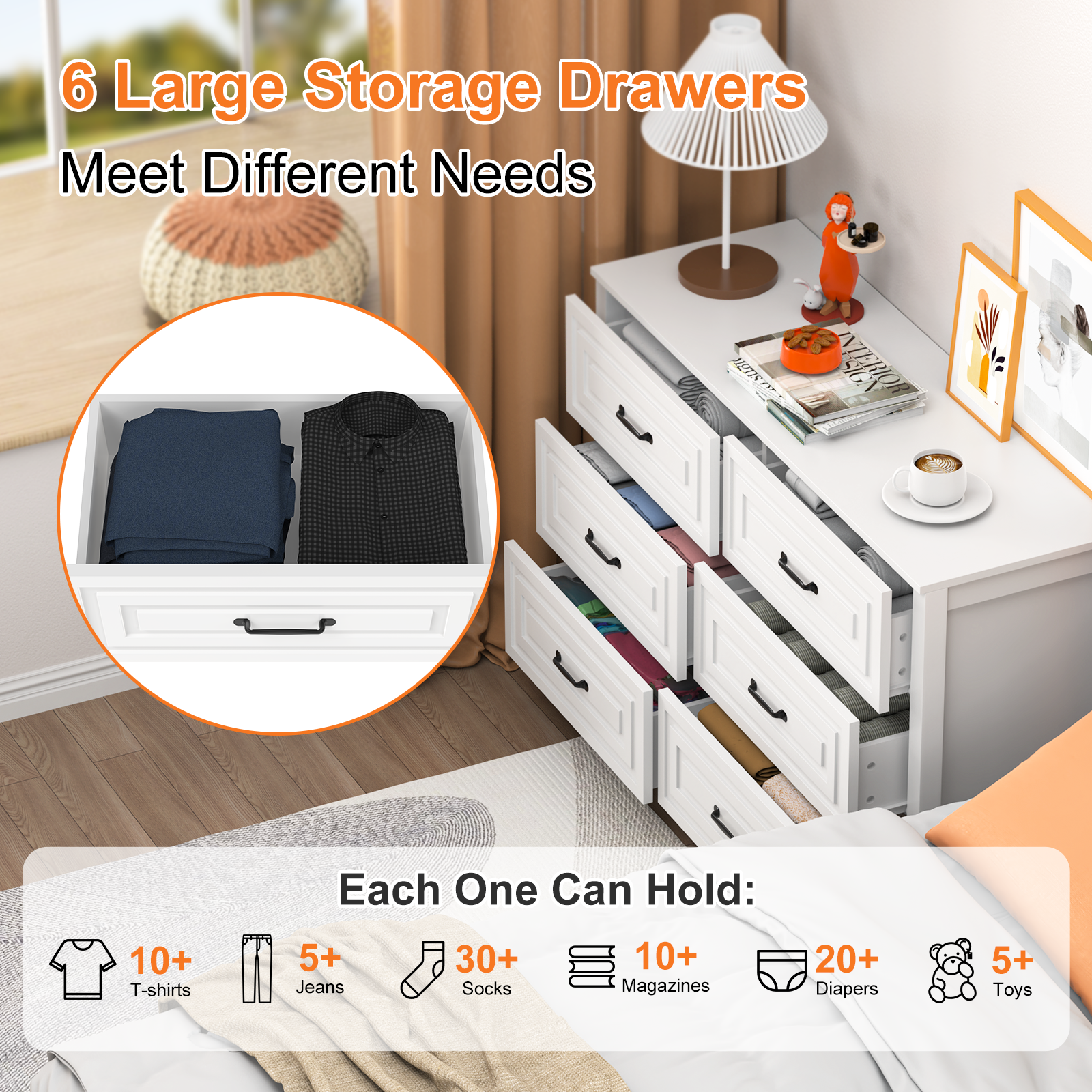 White Dresser for Bedroom with 6 Drawers,Modern Chest of Drawers Wide Wooden Double Dresser for Closet Living Room Entryway