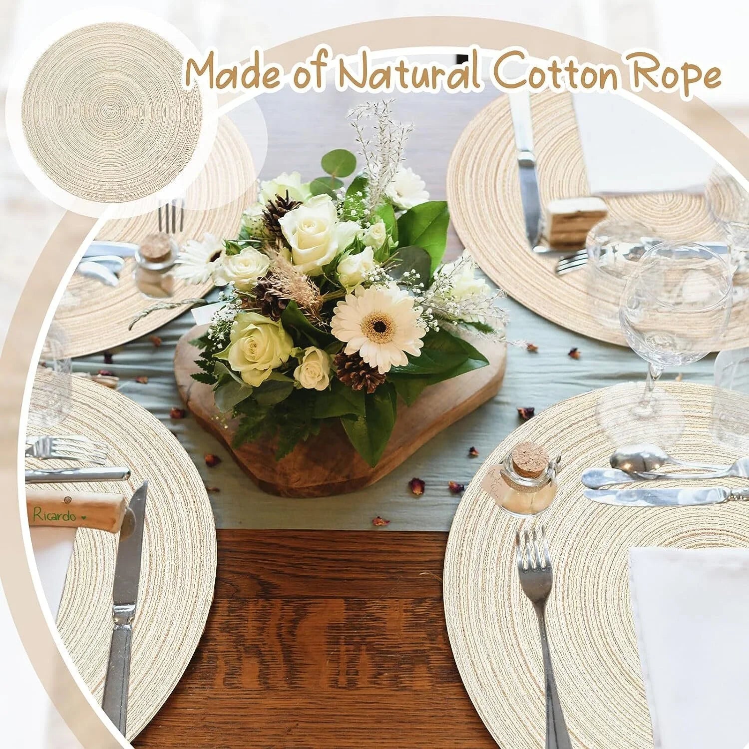 GoXteam Round Woven Placemats, 4 Pcs, 15" Braided Woven Placemats, Attractive Kitchen Place Mats, Round Placemats as Table Mat (Beige)