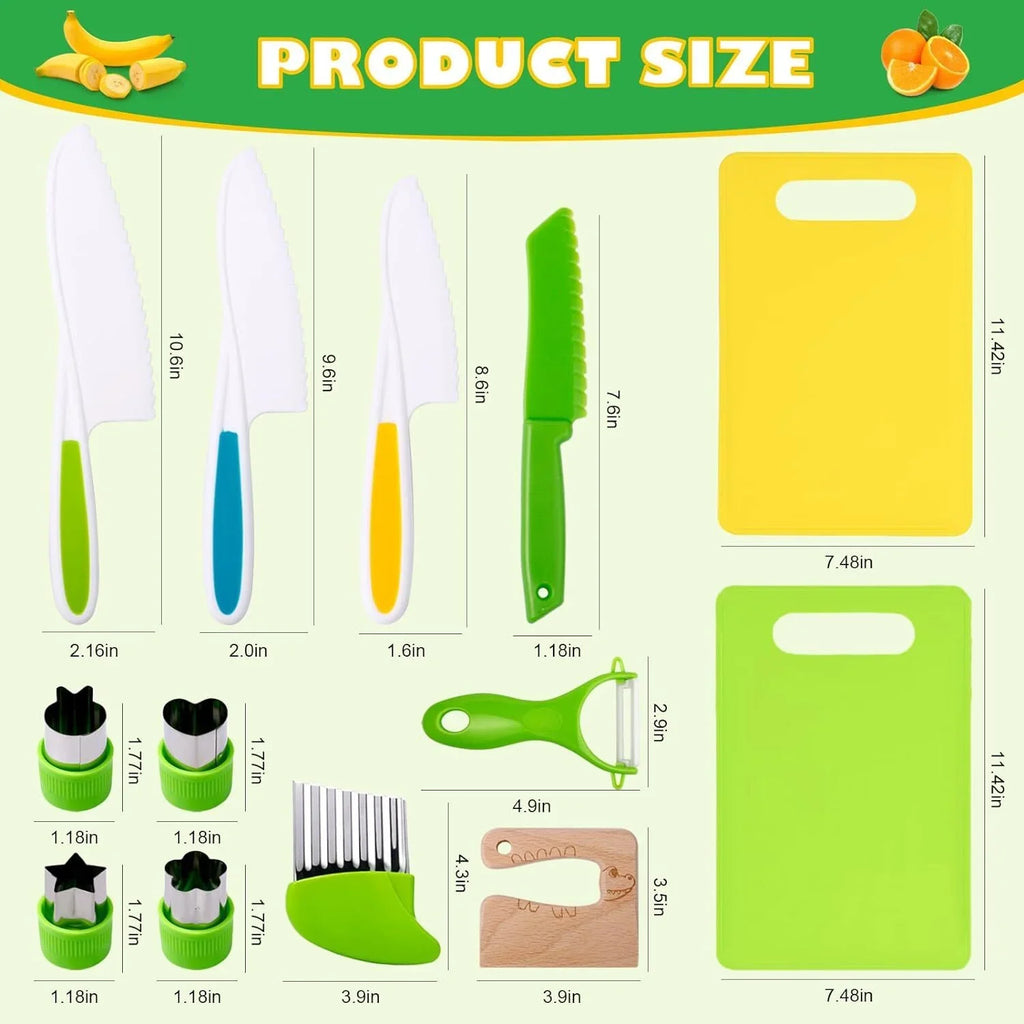 Kid Knife Set for Real Cooking, 13 Pieces Montessori Kitchen Tools, Toddler Safe Knives Set, Kids Cooking Set Real with Plastic Wooden Knives, Cutting Boards, Sandwich Cutters