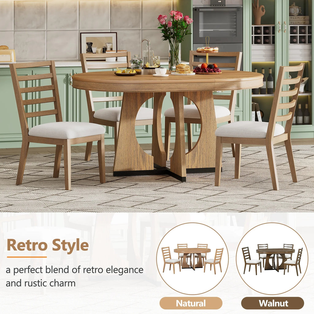 Churanty Farmhouse Extendable Round Dining Set for 4, Wood Round Kitchen Table with Leaf, 4 Upholstered Chairs for Dining Room, Natural