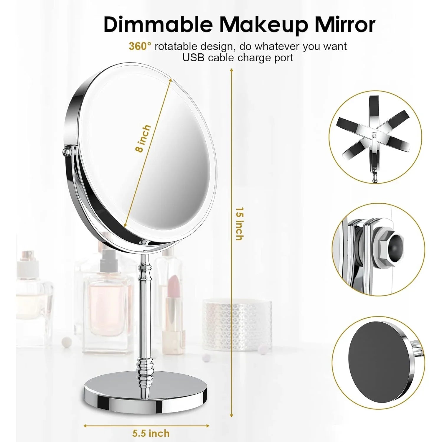 Lighted Makeup Mirror with 10X Magnifying, Rechargeable Double Side 3 Color Lighting, Dimmable Vanity Mirror with Touch Control 360¡ã Rotation Makeup Mirror for Desk for Woman, Silver