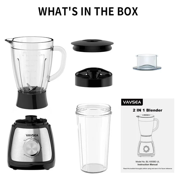 VAVSEA 1000W Countertop Blender for Shake and Smoothies, 5 Speed Kitchen Blender with 51oz Glass Jar & 20oz Travel Cup, for Ice Crush Fruit Protein Drinks Vegetable, Silver