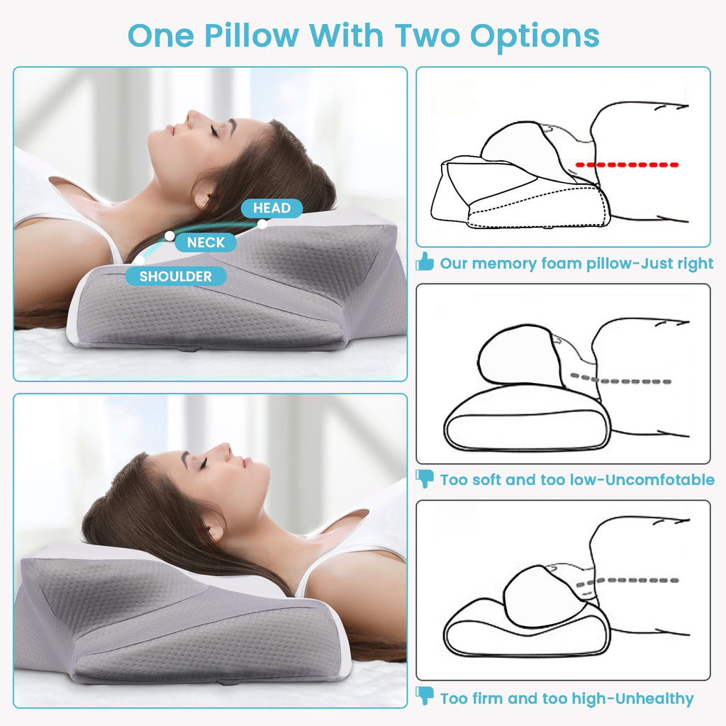 Cervical Pillow for Neck Pain Relief, Contour Memory Foam, Ergonomic Orthopedic Neck Support Pillow for Side, Back &amp; Stomach Sleepers with Breathable Pillowcase, Grey