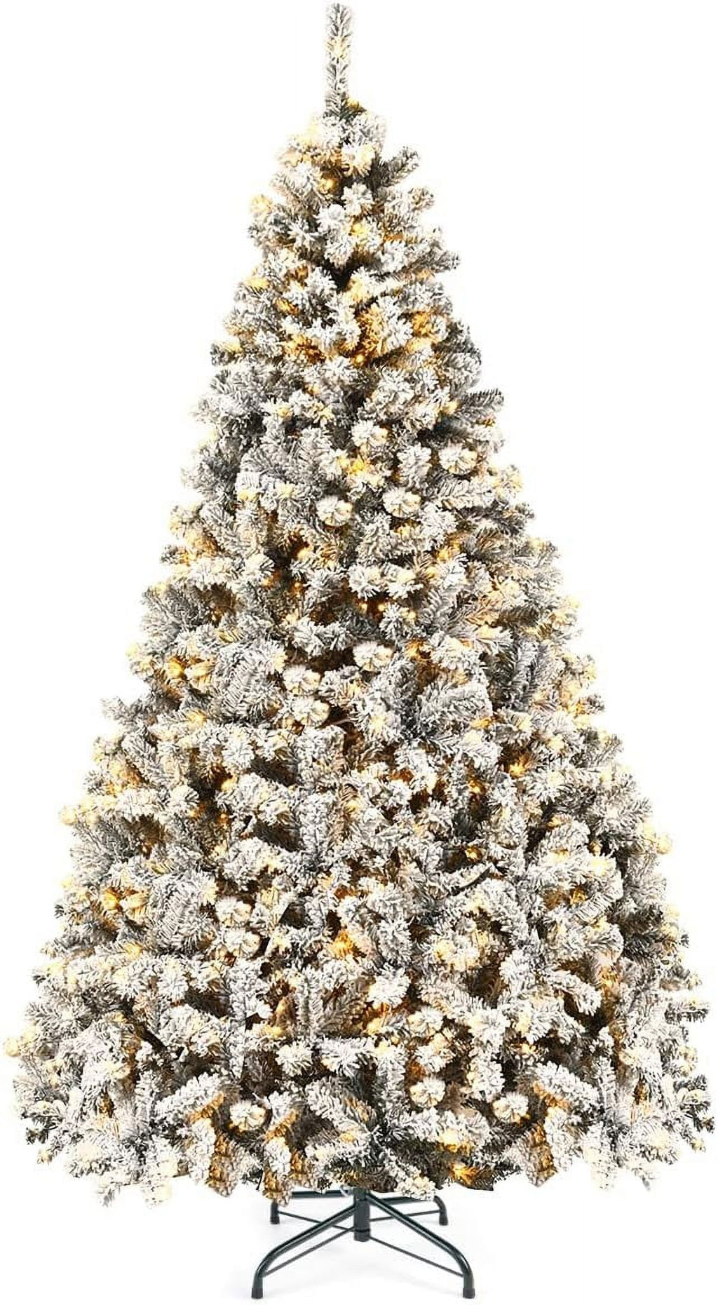 7.5ft Snow Flocked Artificial Holiday Christmas Pine Tree for Home, Office, Party Decoration With Warm Lights