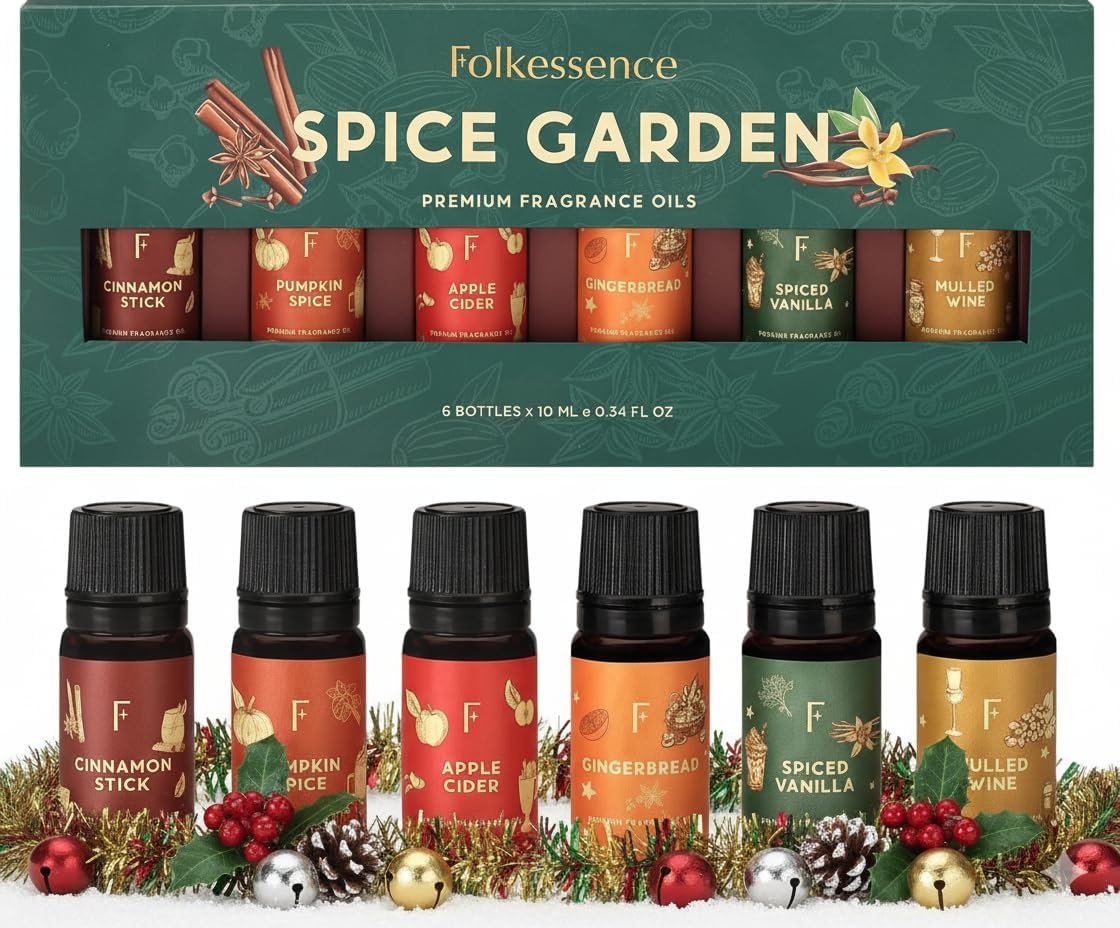 Folkulture Spice Garden Essential Oils Set for Diffuser | Set of 6 Warm & Cozy Aromatherapy Oils | Cinnamon, Gingerbread, Vanilla & Spiced Blends | Relaxation, Meditation & Valentine Gift for Home