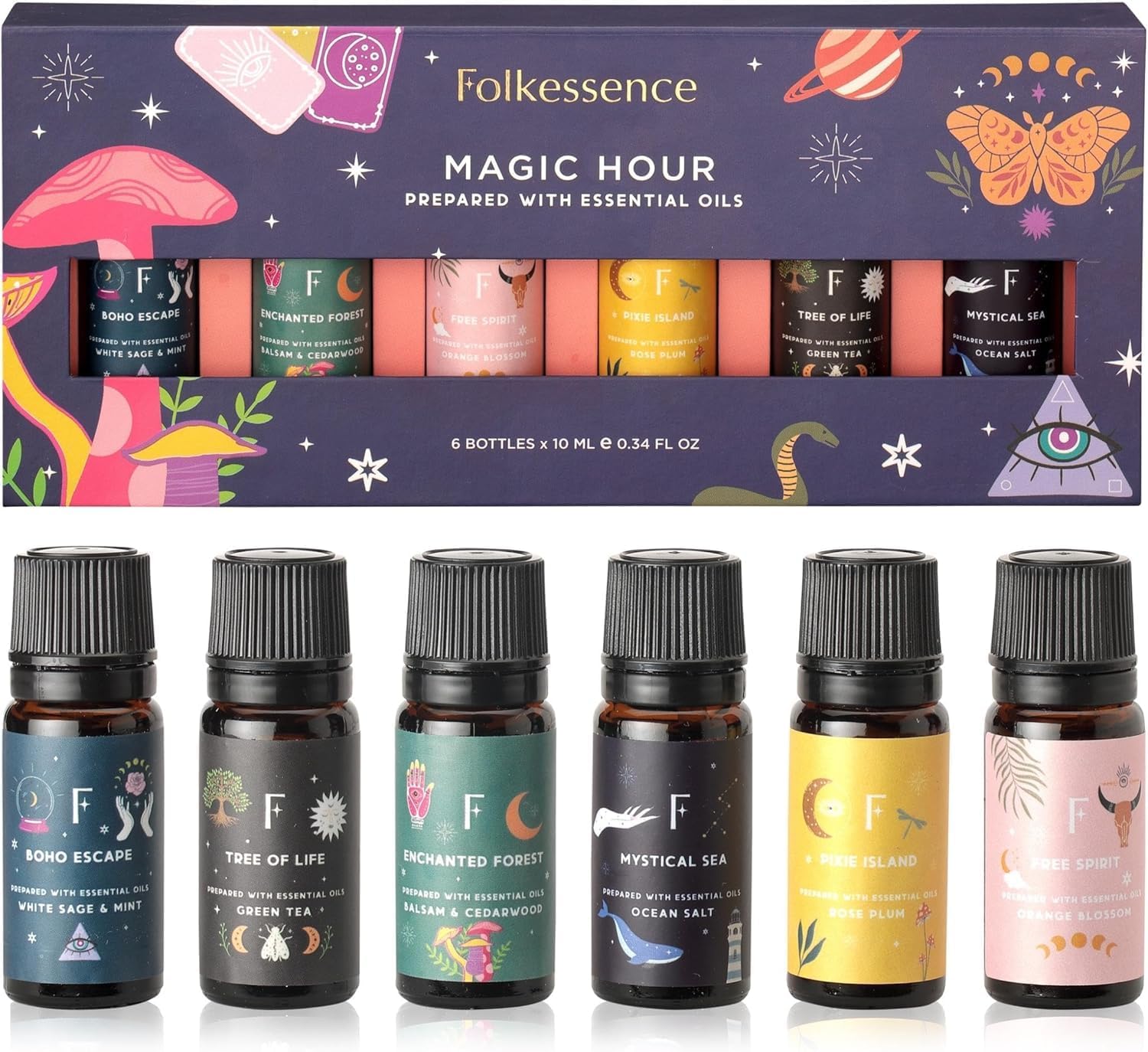 Folkulture Magic Hour Essential Oils Set for Diffuser | New Year Home Fragrance Oils for Relaxation, Meditation & Wellness | 6 Aromatherapy Scents ¨C White Sage, Cedarwood & More