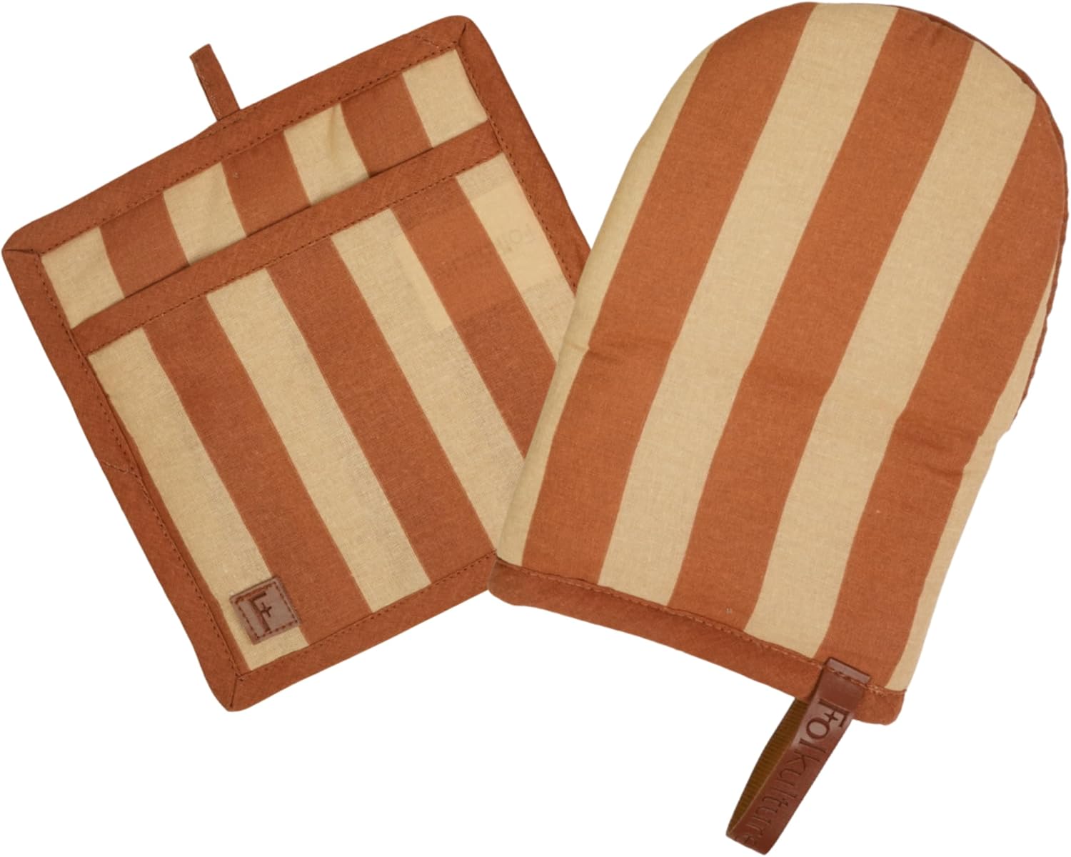 Folkulture Mini Oven Mitts & Pot Holder Set Heat Resistant | Set of 2 Short Oven Mitts with Hanging Loop | 100% Cotton Oven Gloves | Kitchen Mittens, Caramel Brown Small Silicone Oven Mits