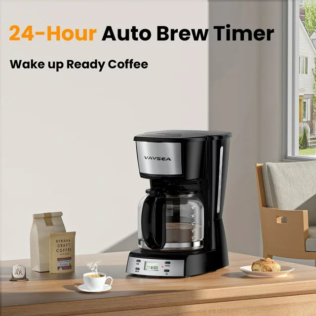 VAVSEA 12 Cup Programmable Coffee Maker, 900W Drip Coffeemaker with Glass Carafe, Auto Shut off, for Home Black