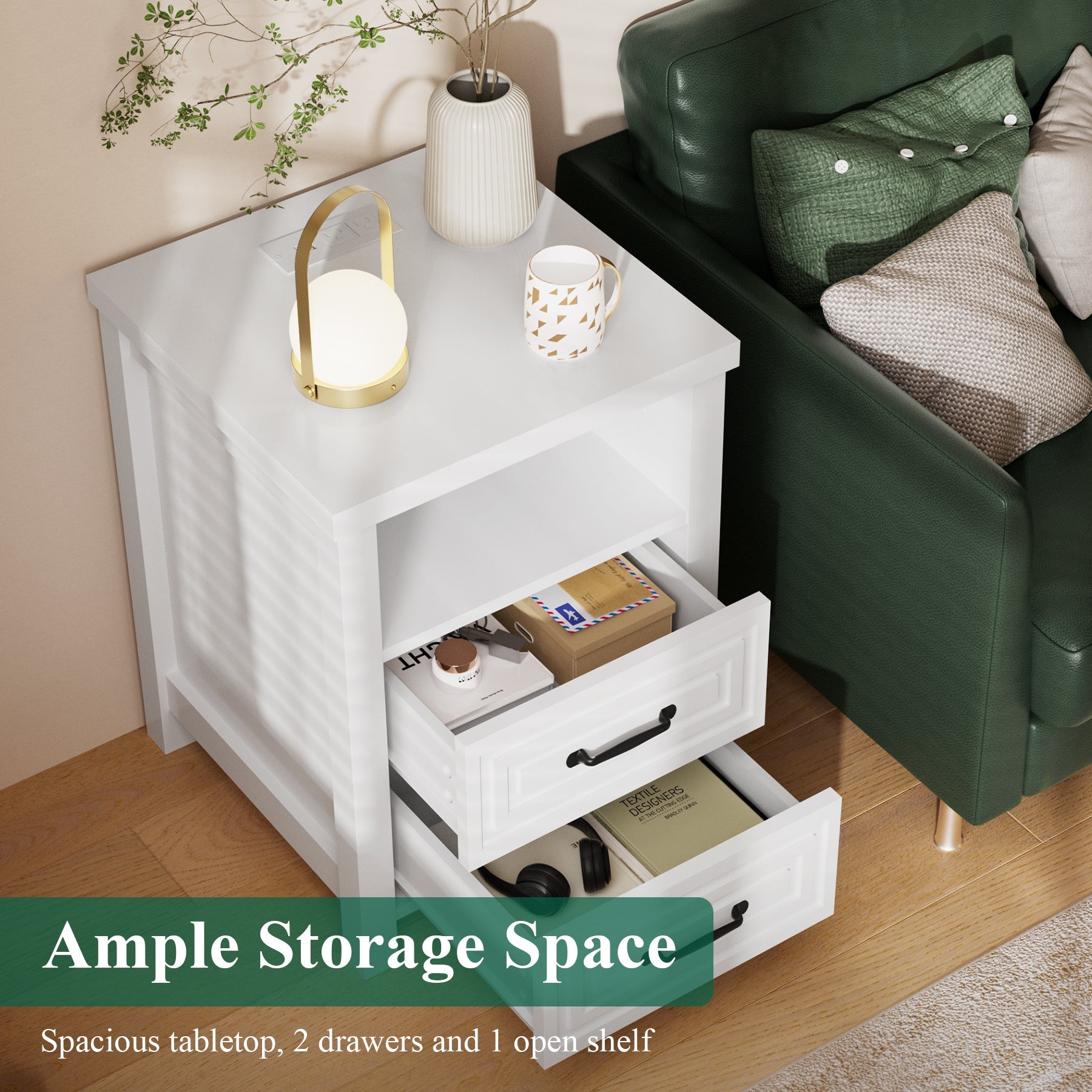 Nightstand with Charging Station Modern Bedside Table with 2 Wooden Drawers and Storage Shelves for Bedroom Living Room White