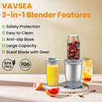 VAVSEA 3-in-1 Smoothies Blender, 11 Pcs Countertop Blender for Shakes and Smoothies, BPA Free ,Silver Gray