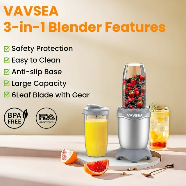 VAVSEA 3-in-1 Smoothies Blender, 11 Pcs Countertop Blender for Shakes and Smoothies, BPA Free ,Silver Gray