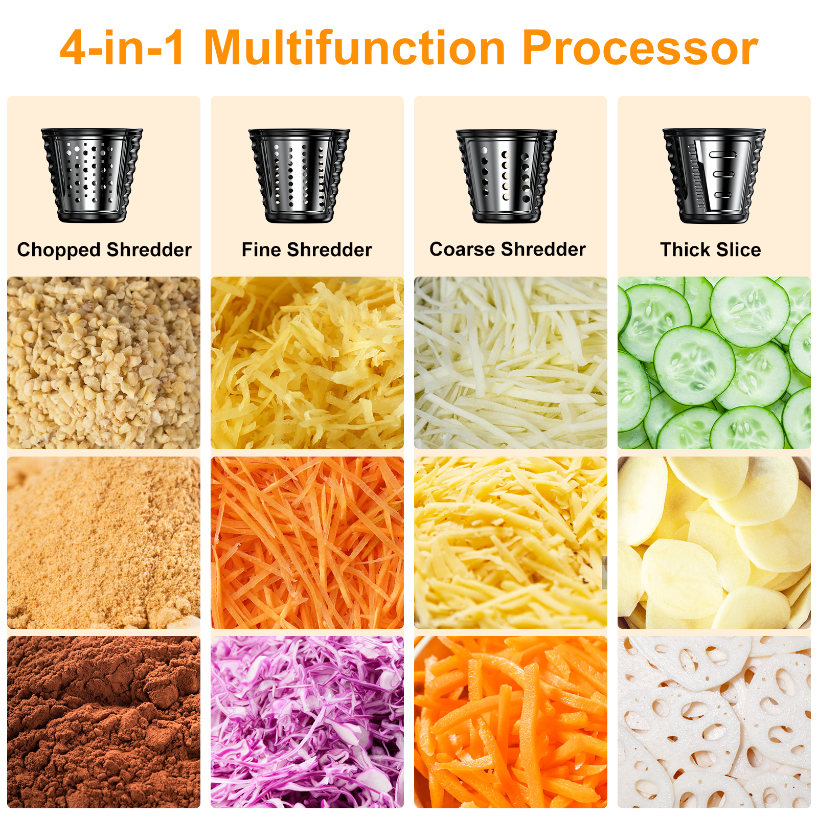 Electric Cheese Grater Shredder, Vegetable Chopper Slicer 250W Salad Maker for Home Kitchen Use with 4 Type Blades, One-Touch Easy Control