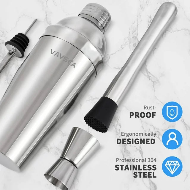 VAVSEA Cocktail Shaker Set with Rotatable Stand, Mixology Bartender Kit Bar Tool Set for Drink Mixing Home Lounge Party Bar Accessories with Straws & Spoon, Silver, 19pcs
