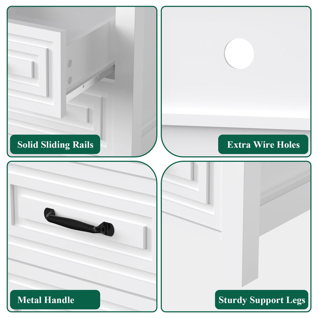 Nightstand with Charging Station Modern Bedside Table with 2 Wooden Drawers and Storage Shelves for Bedroom Living Room White